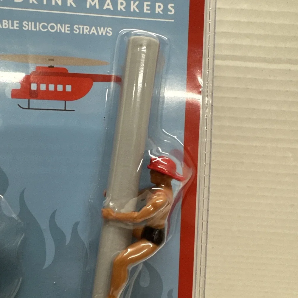 Fireman Straw Drinking Buddies Reusable Silicone Plastic 2 Count New Bachlorette